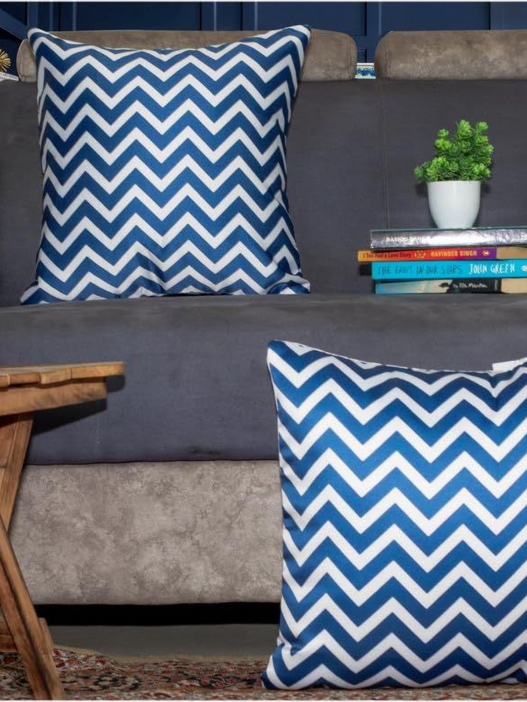 

Vendola White & Blue 2 Pieces Geometric Printed Satin Square Cushion Covers