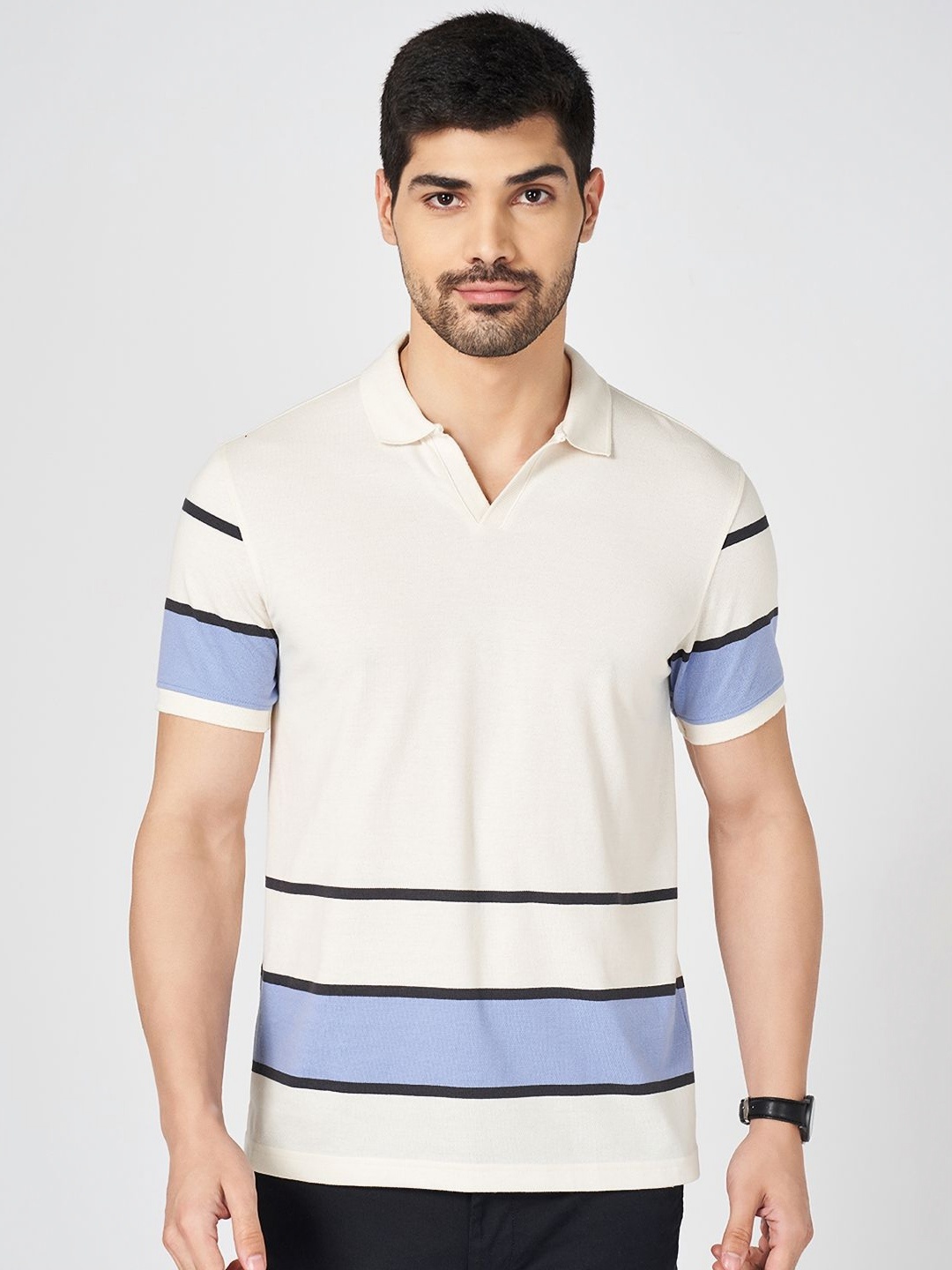 

BYFORD by Pantaloons Men Striped Polo Collar Cotton Slim Fit T-shirt, White