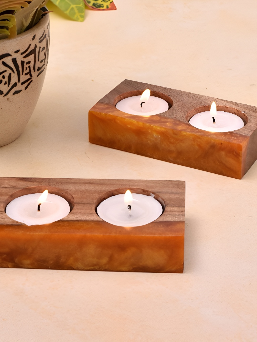 

Indianshelf Orange Coloured & Brown 2 Pieces Wood & Resin Candle Holder