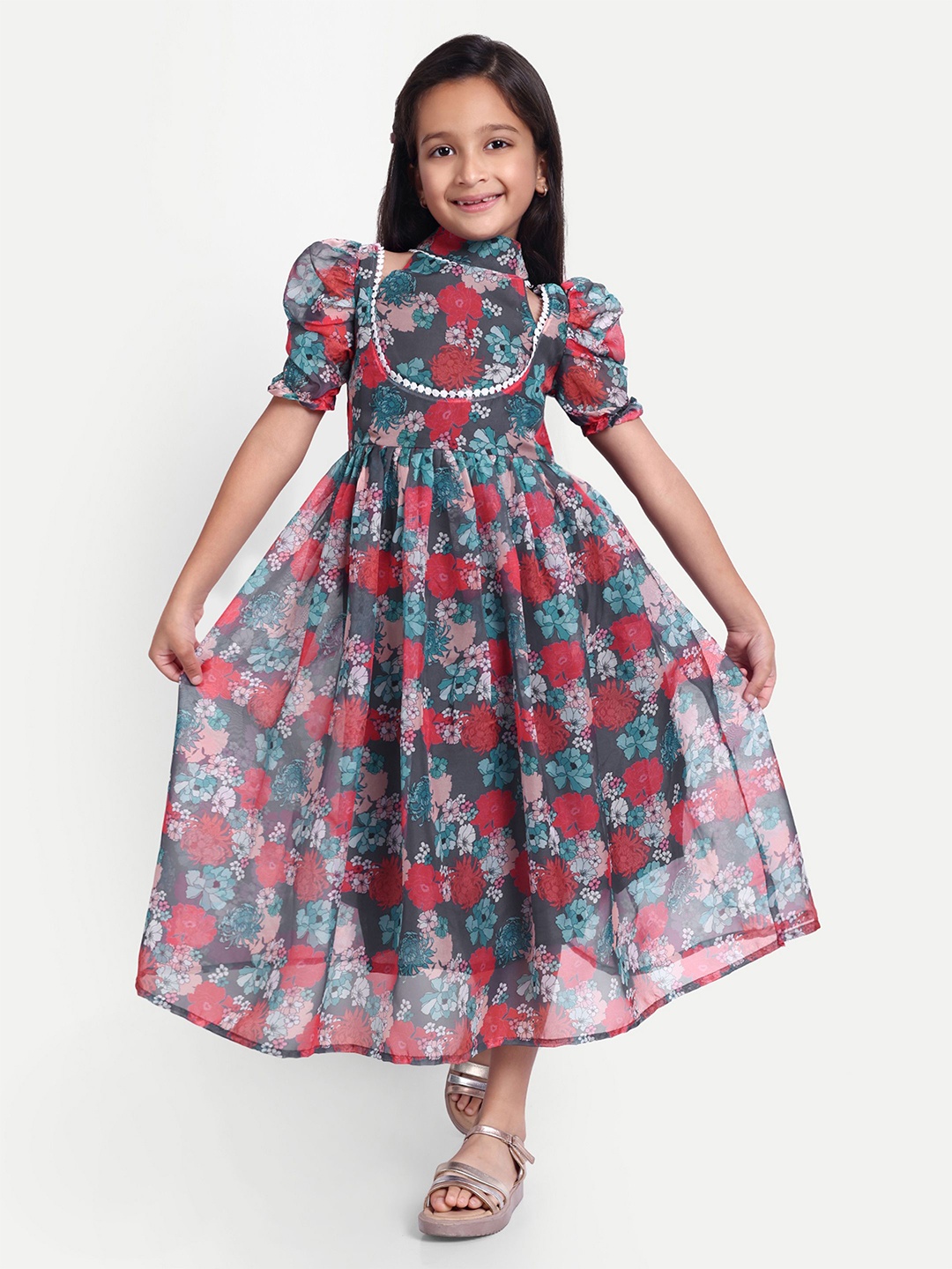 

FEBVIBE Girls Floral Printed High Neck Puff Sleeves Maxi Dress, Grey