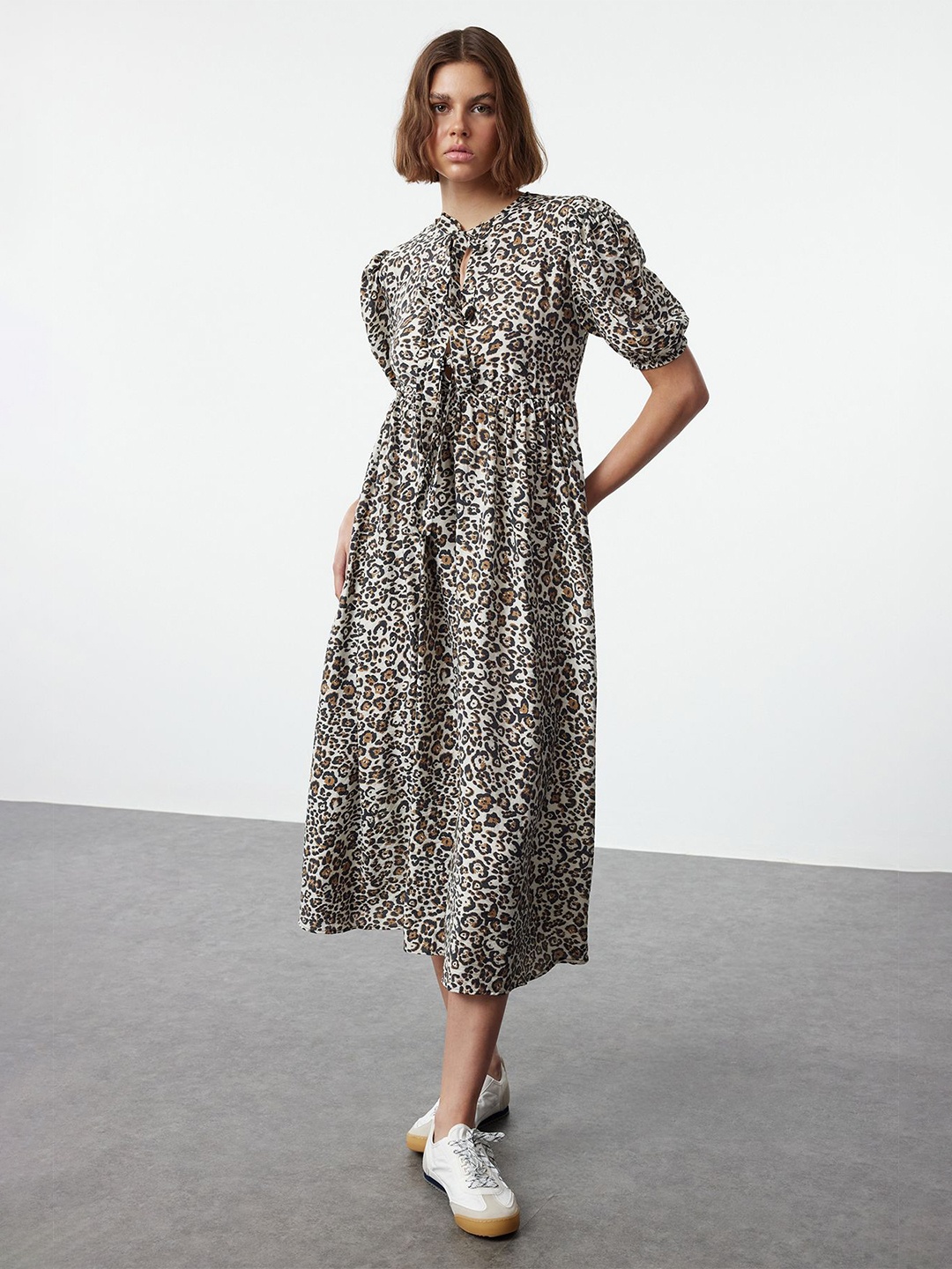 

Trendyol Animal Print Tie-Up Neck Puff Sleeve Fit & Flare Midi Dress, Na