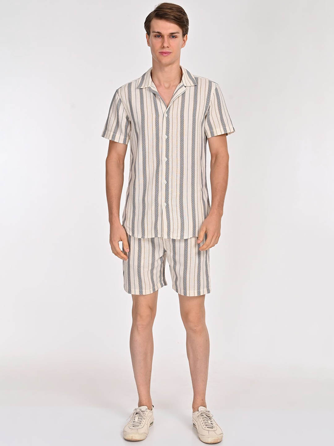 

POE Striped Pure Cotton Shirt With Shorts Co-Ords, Grey