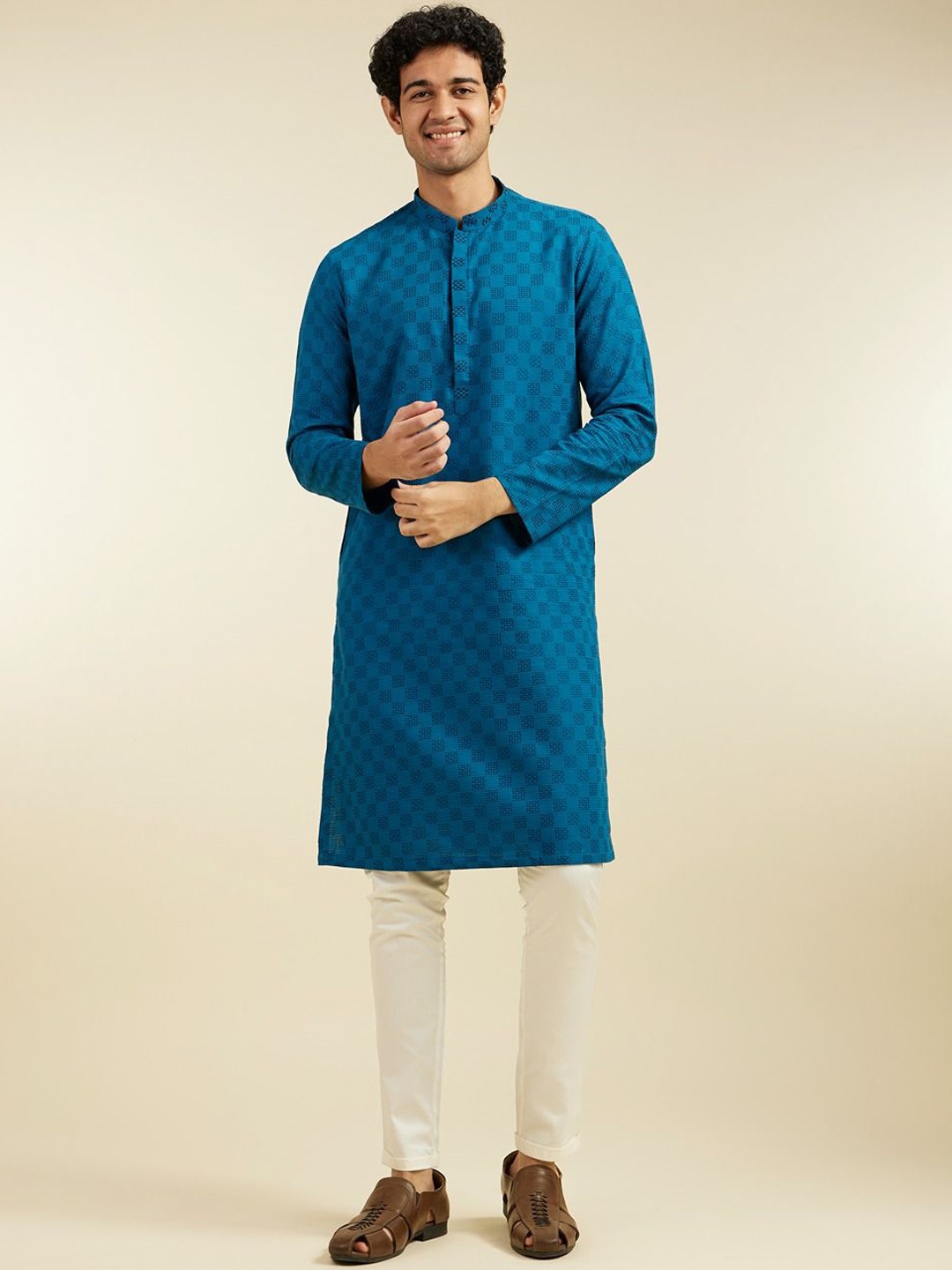 

Diwas by Manyavar Geometric Woven Design Cotton Straight Kurta, Blue