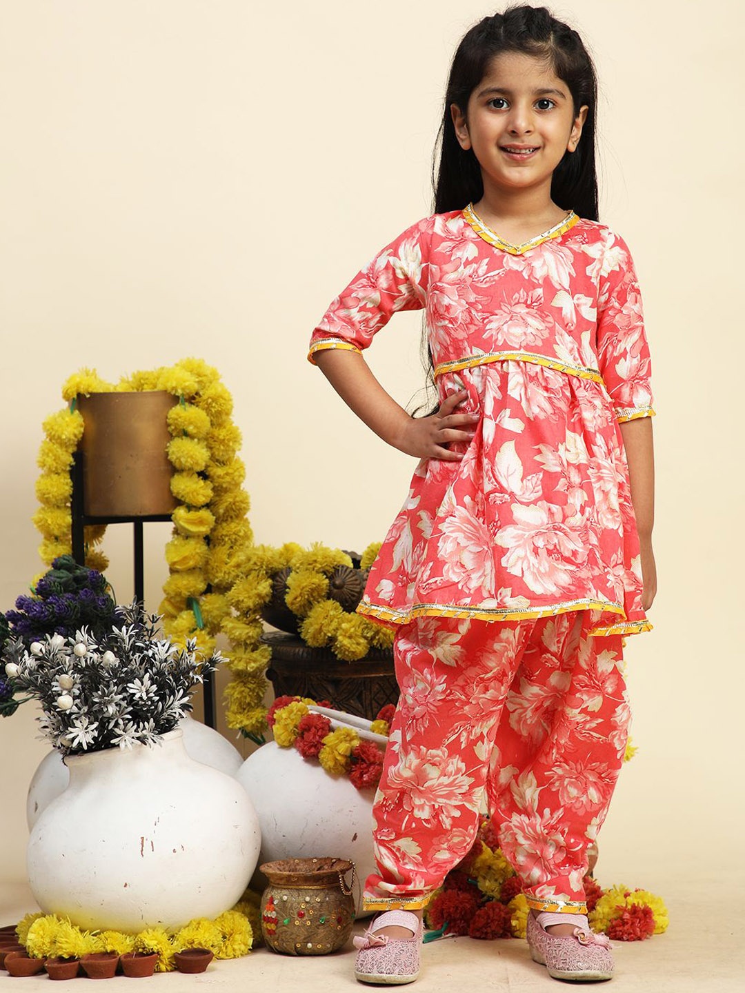 

Cutiekins Girls Floral Printed Regular Kurta with Dhoti Pants, Coral