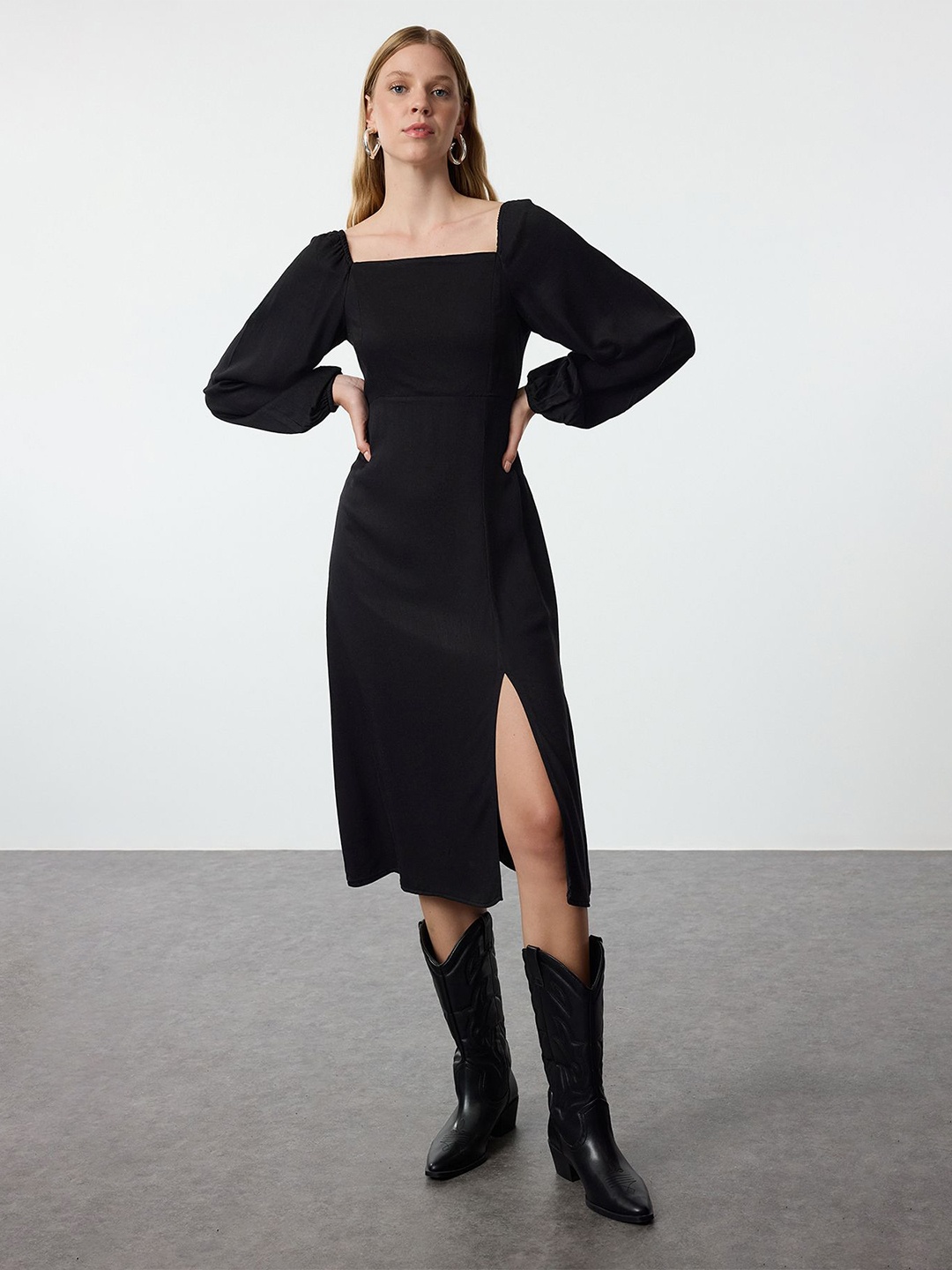 

Trendyol Puff Sleeve Woollen Sheath Midi Dress, Na