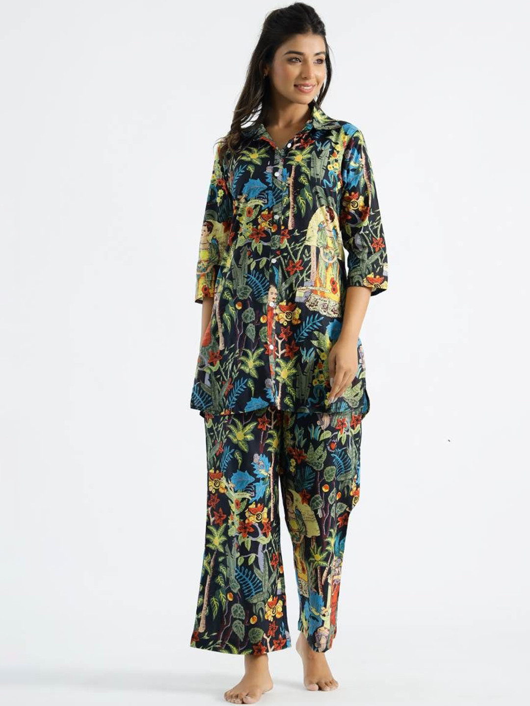 

FLAVIA CREATION Women Shirt Collar Printed Shirt With Trouser, Black