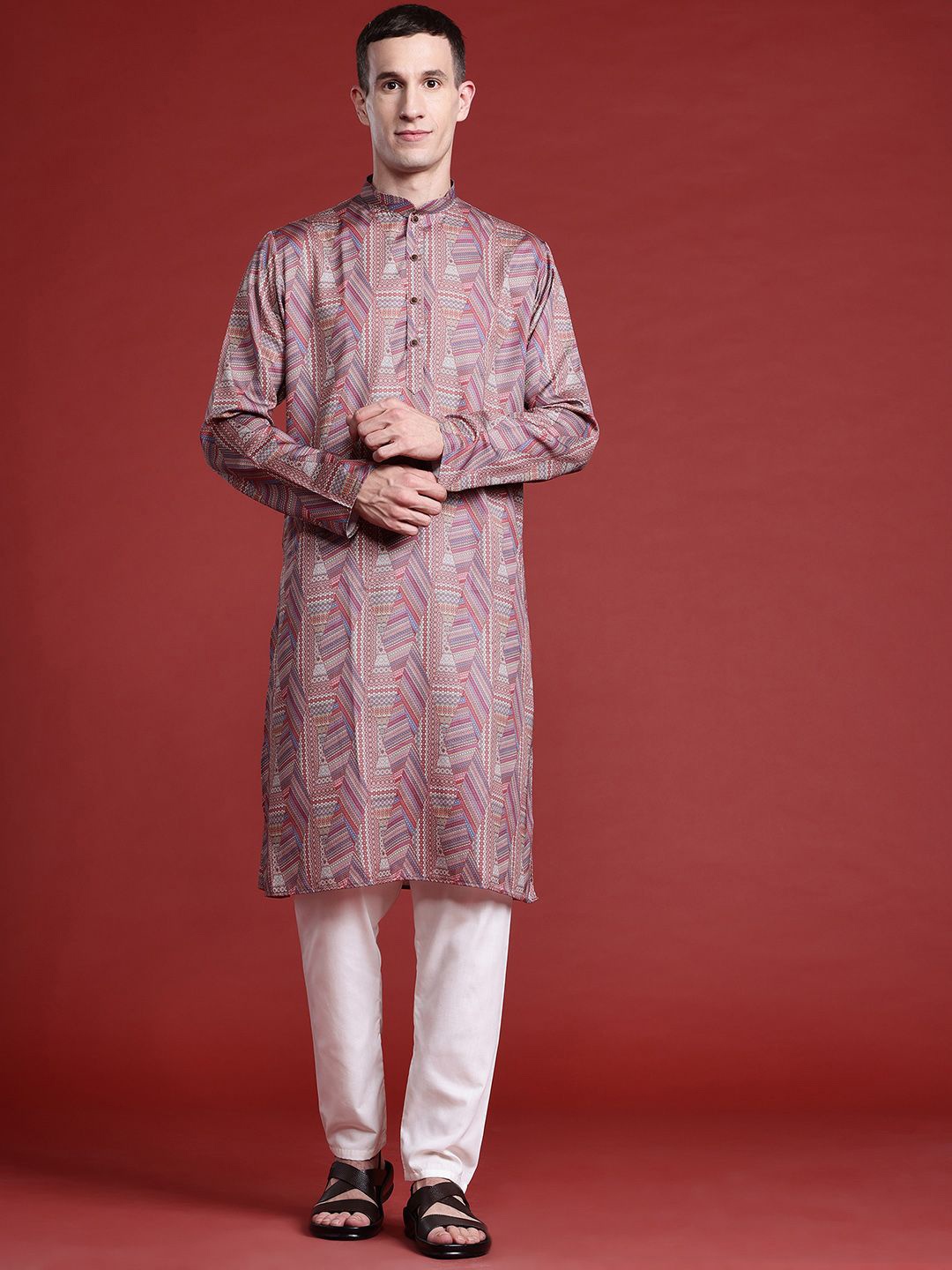 

MANQ Ethnic Motifs Printed Mandarin Collar Pure Cotton Straight Kurta, Purple