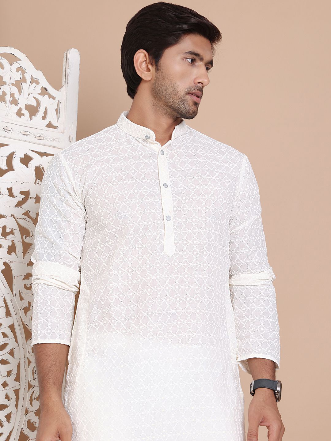 

Anouk Men Embroidered Regular Chikankari Pure Cotton Kurta with Pyjamas, Cream