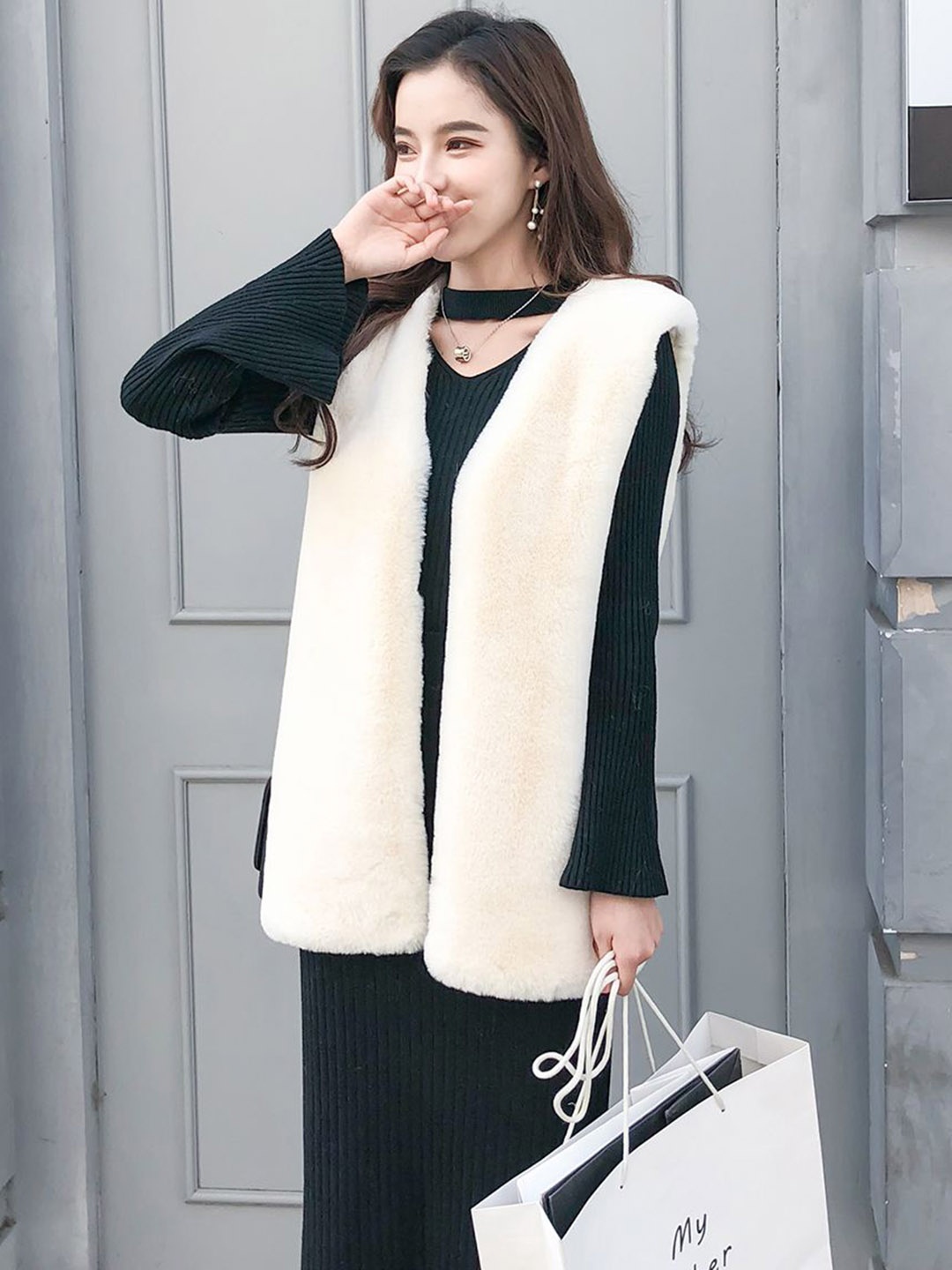 

JC Mode Front-Open Fur Overcoats, Beige