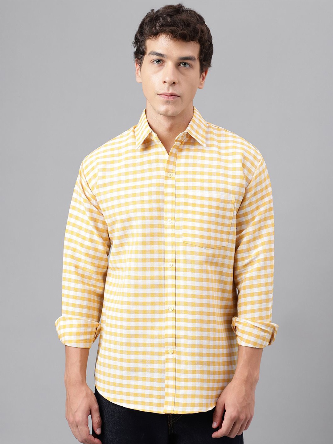 

KLOSET BY RIAG Men Classic Spread Collar Micro Checked Cotton Casual Shirt, Yellow