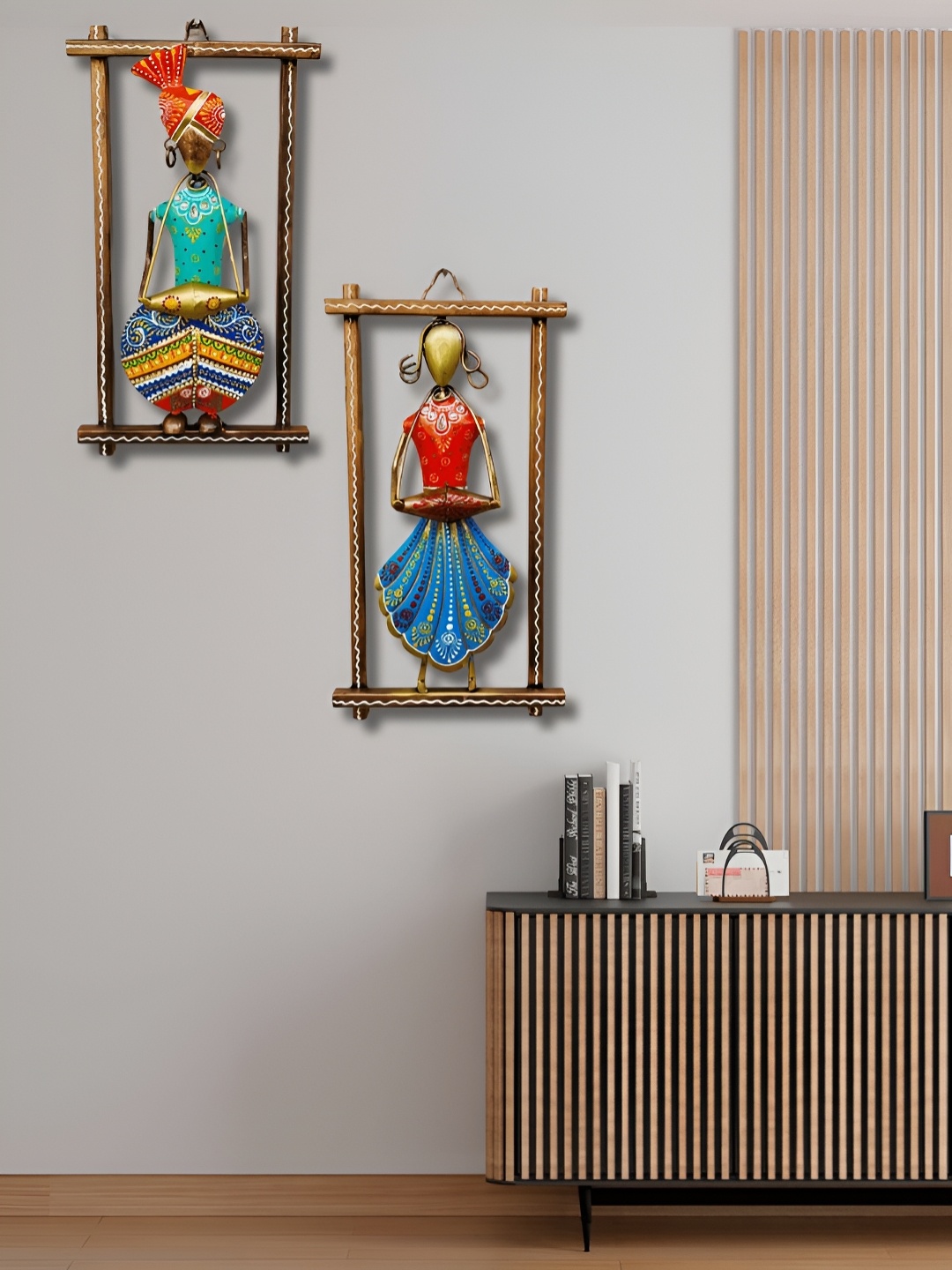 

PRANJALS HOUSE Blue & Red 2 Pieces Musician Metal Hanging Wall Decor