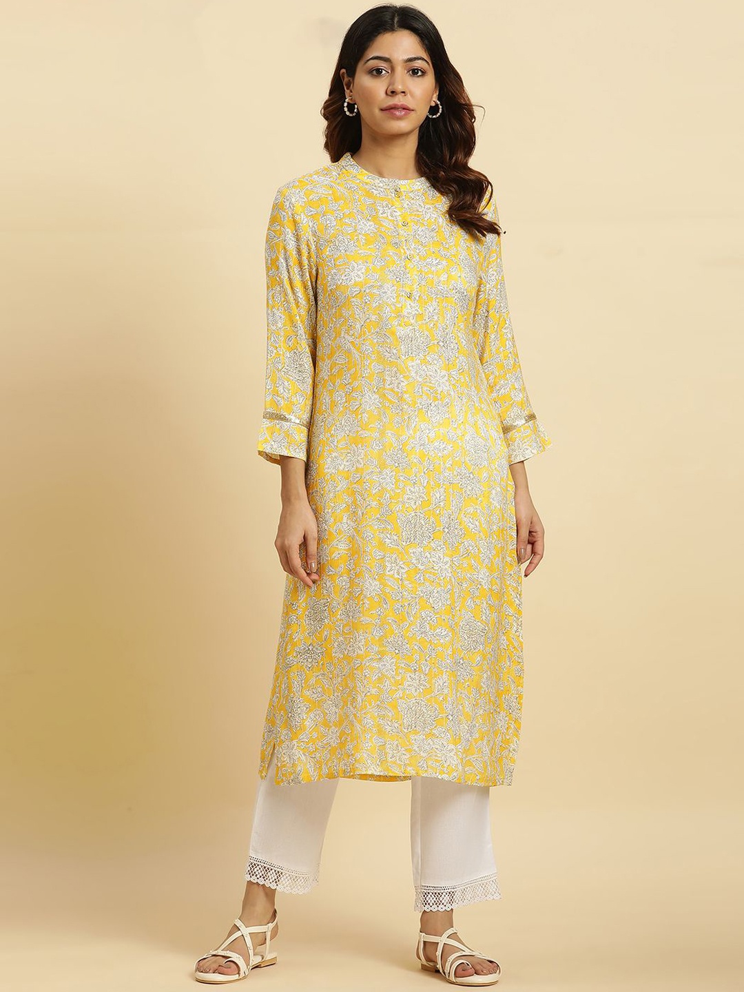 

W Women Floral Printed Flared Sleeves Kurta, Yellow