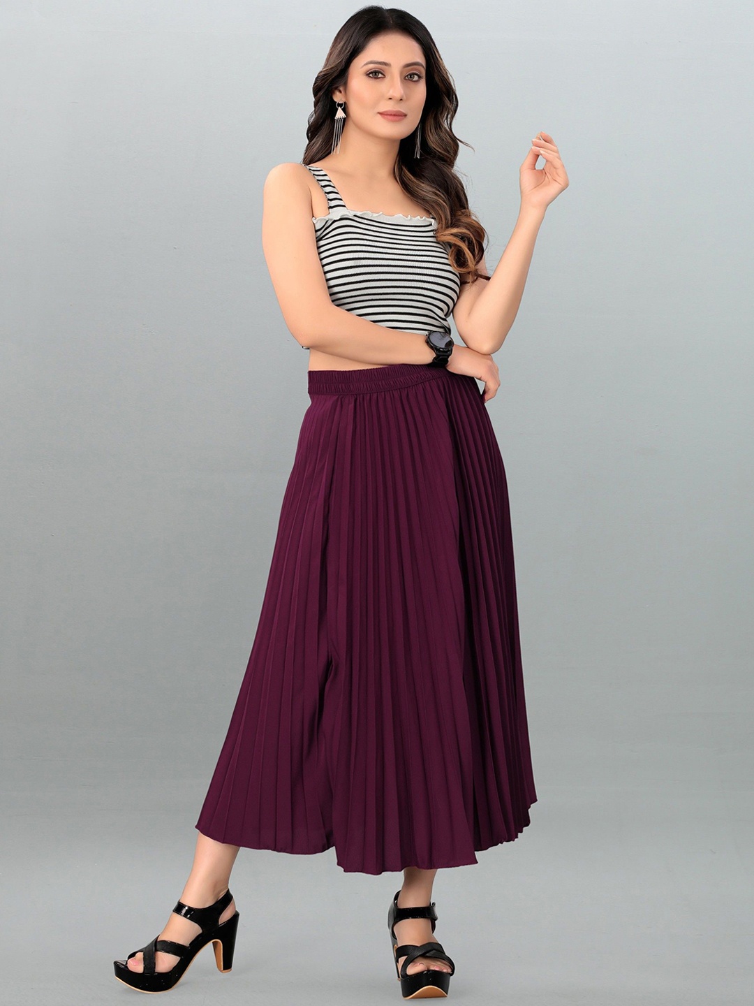 

Vastani Enterprise Women Solid Flared Pleated Midi Skirt, Magenta