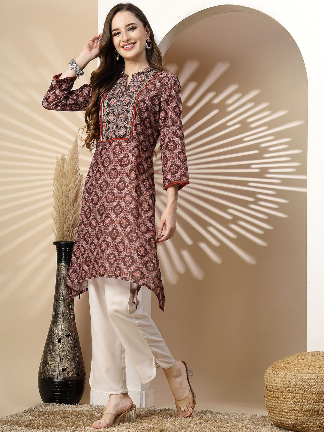 

Nayam By Lakshita Floral Printed Mandarin Collar A-Line Kurta, Brown