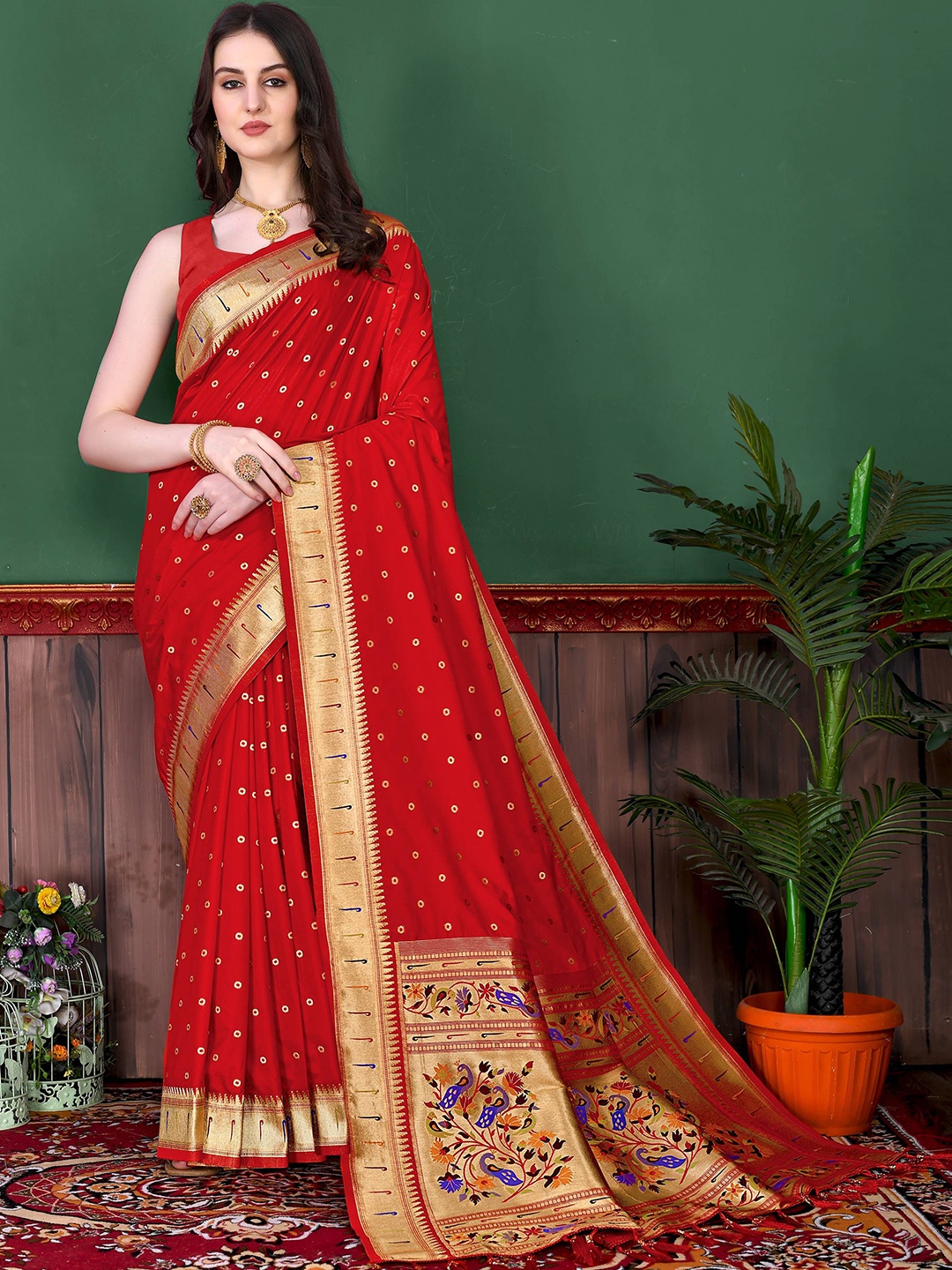 

Zeekha Woven Design Zari Pure Silk Kanjeevaram Saree, Red