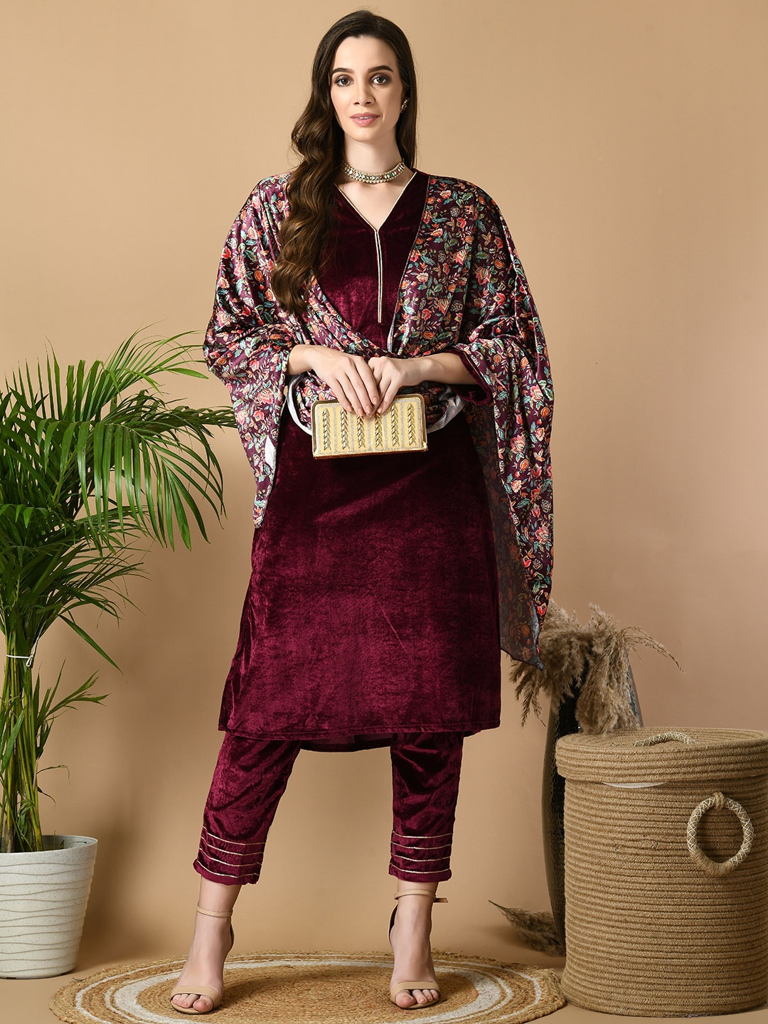 

Sangria Magenta V-Neck Velvet Straight Kurta With Trousers With Dupatta