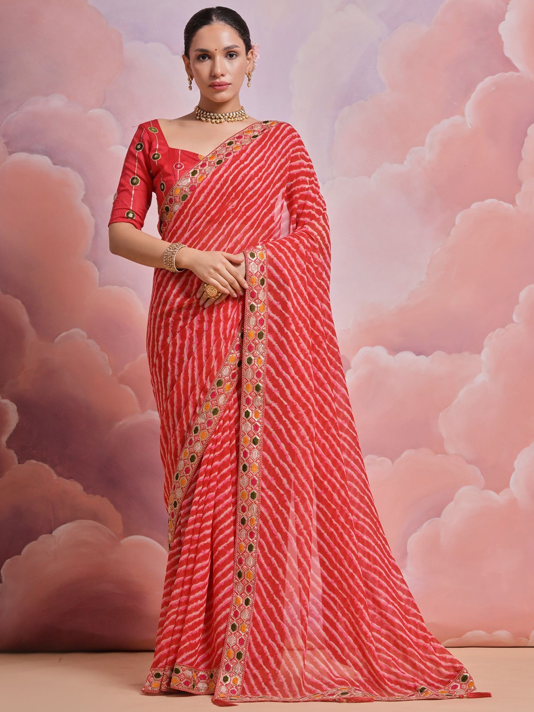 

Mitera Leheriya Printed Embroidered Saree, Red