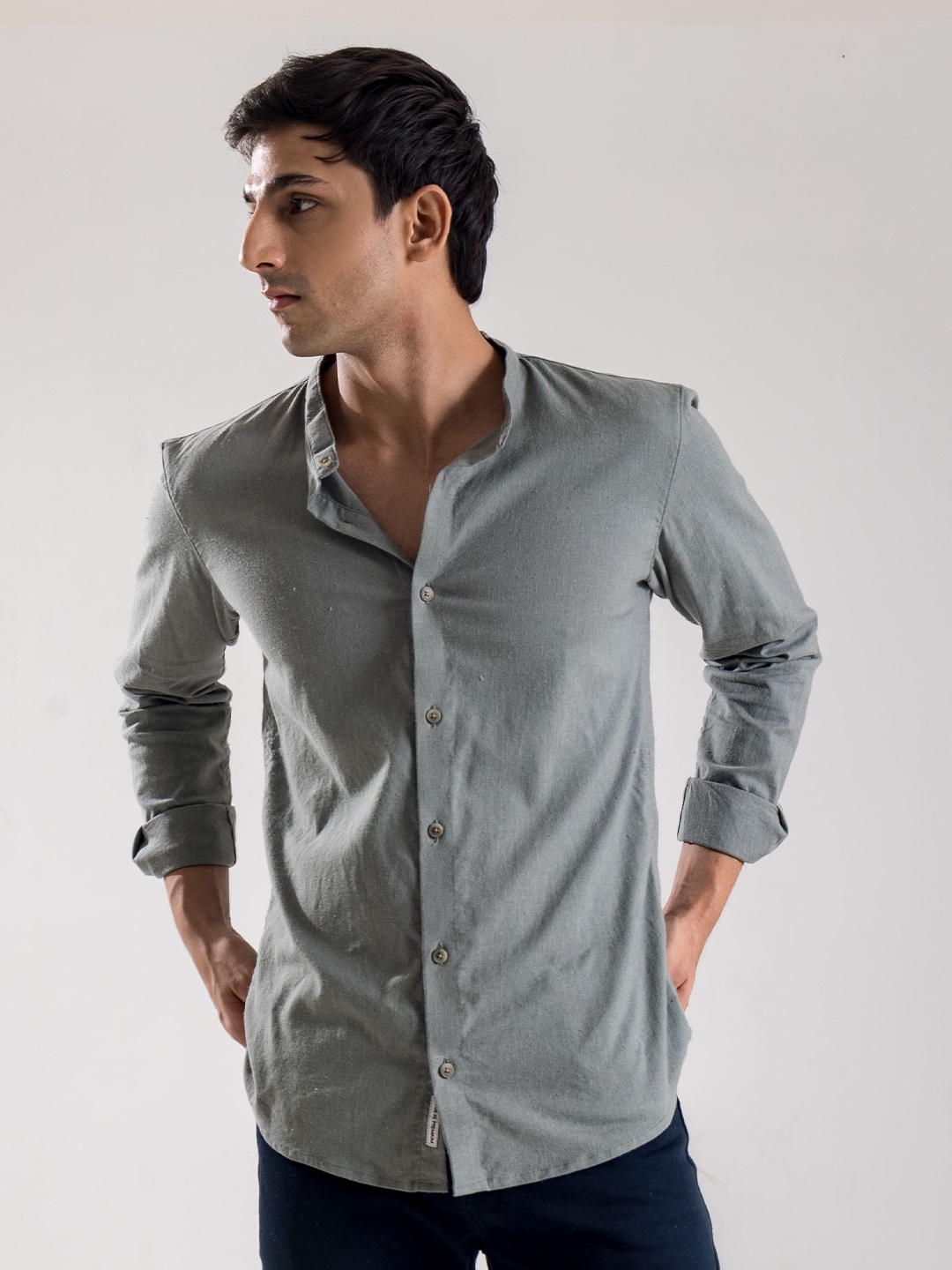 

Code 61 Men Standard Mandarin Collar Solid Cotton Casual Shirt, Grey