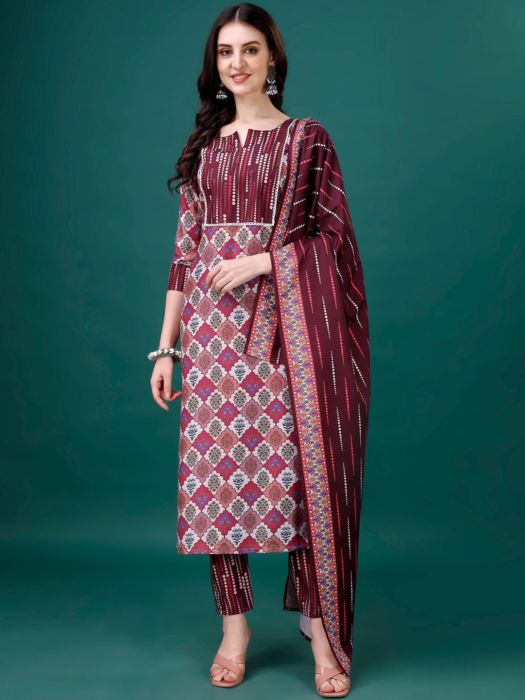 

FANTASY FAB Ethnic Motifs Printed Straight Kurta with Trousers & Dupatta, Maroon