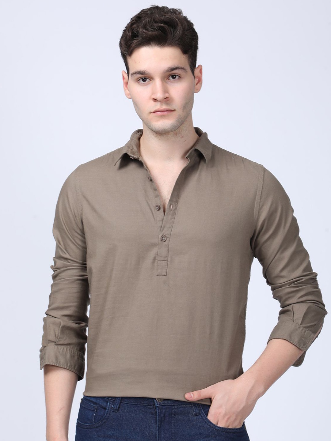 

POE Men Smart Slim Fit Opaque Casual Shirt, Olive