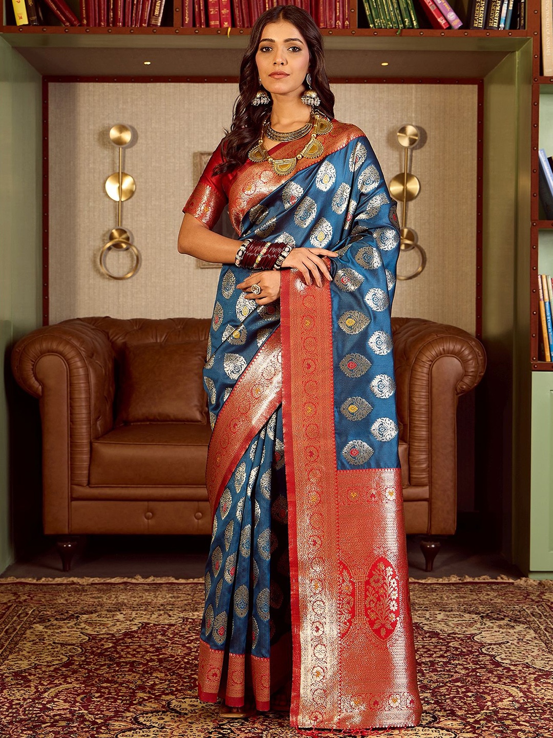 

Sangria Woven Design Banarasi Saree With Blouse Piece, Blue