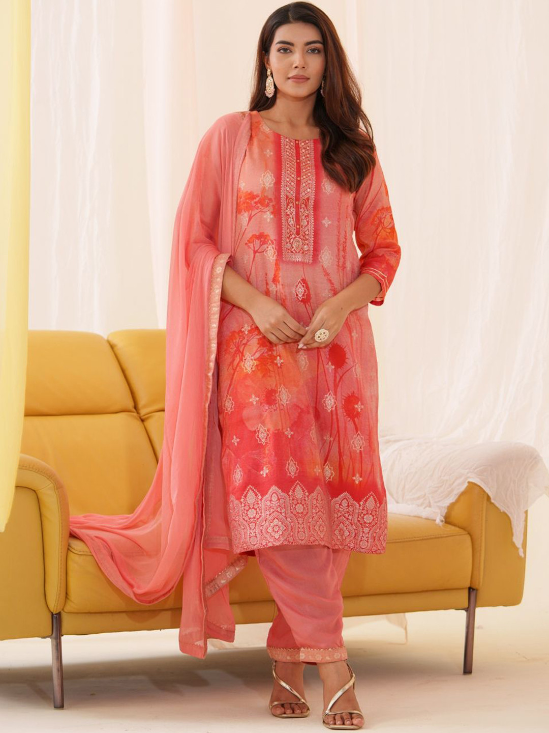

House of Pataudi Ethnic Motifs Woven Design Straight Kurta With Trouser And Dupatta, Orange