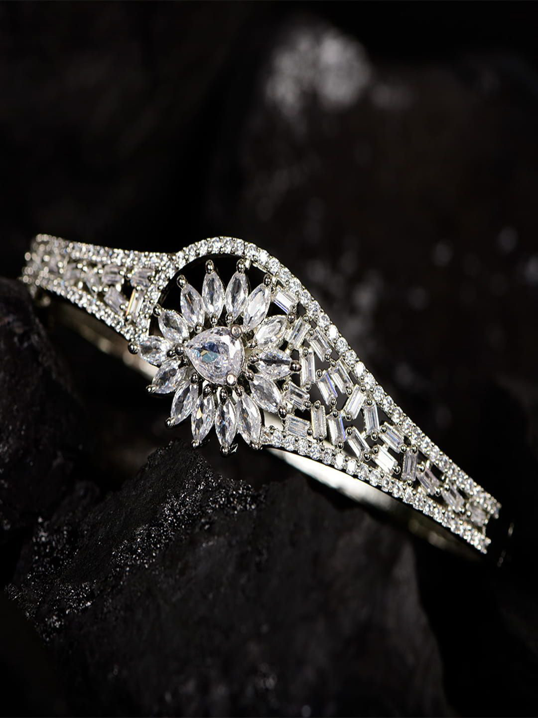 

SHARLEEZ Rhodium-Plated American Diamond Studded Kada Bracelet, Silver