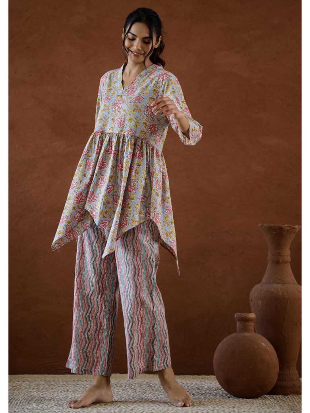 

FLAVIA CREATION Floral Printed Pure Cotton Tunic And Trouser, Blue