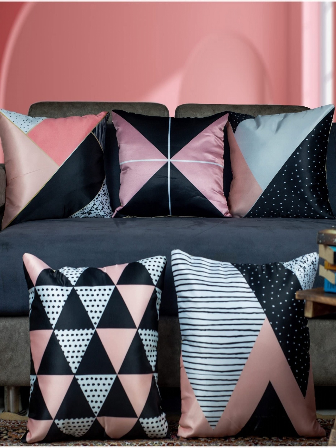 

Vendola Pink & Blue 5 Pcs Geometric Satin Square Cushion Covers