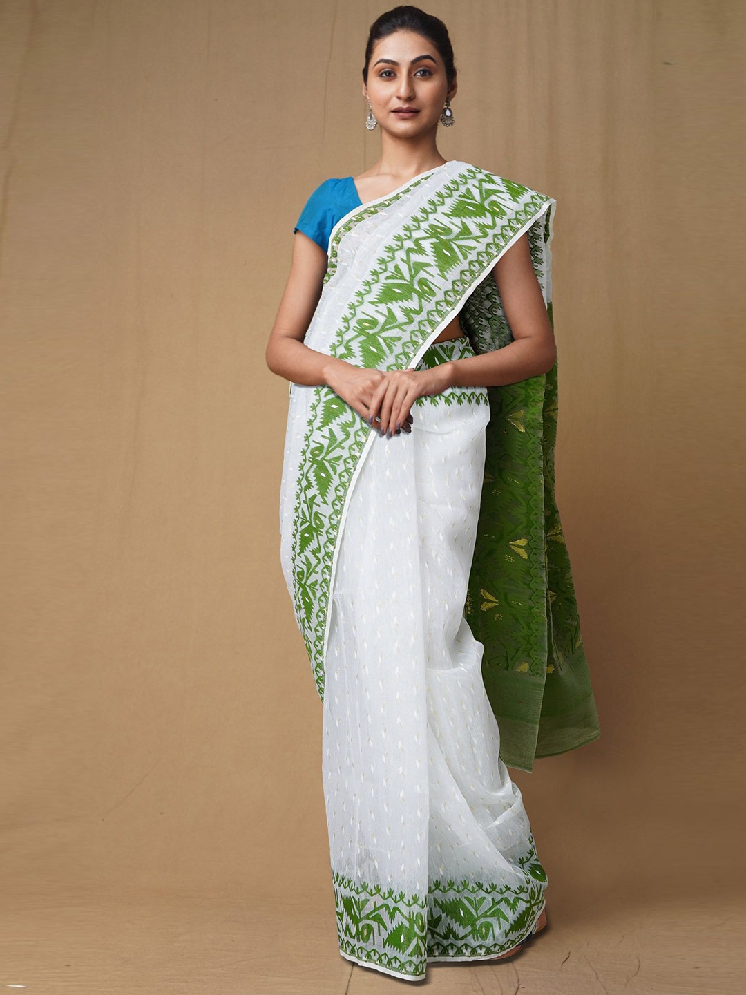 

Unnati Silks Woven Design Zari Pure Cotton Handloom Jamdani Saree, White