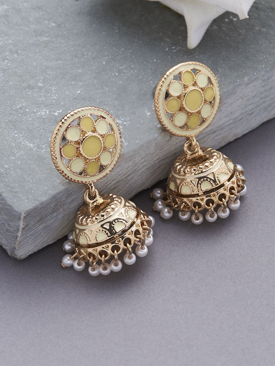 

Kalakrith Milano Crystals Dome Shaped Jhumkas Earrings, Yellow