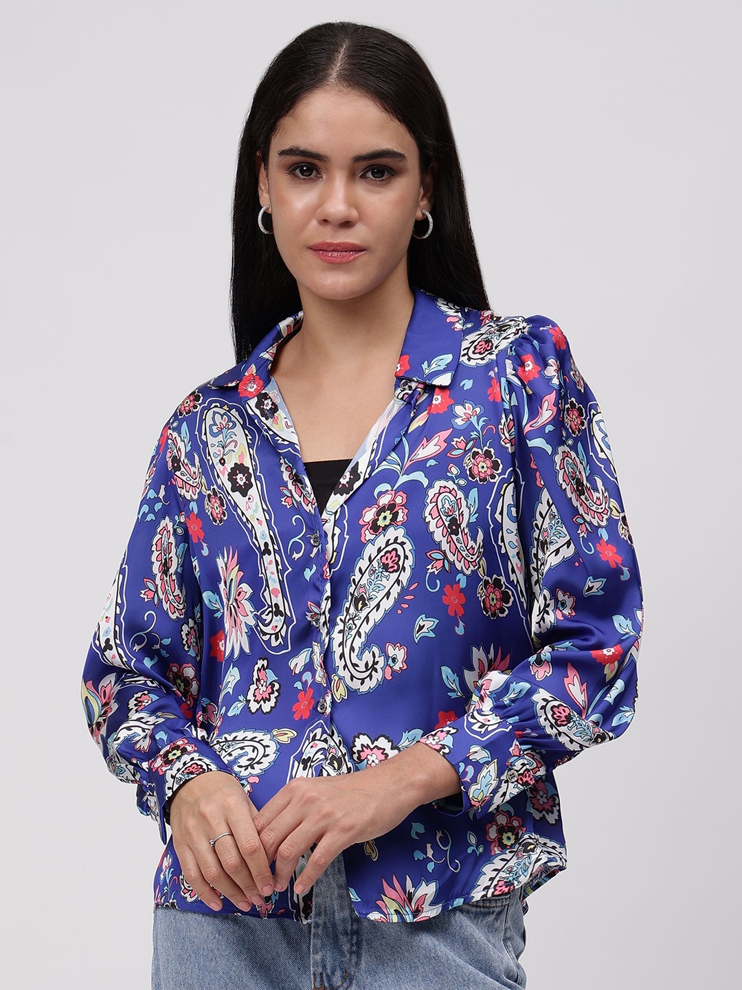 

Fashion Gaiia Women Comfort Spread Collar Ethnic Motifs Printed Party Shirt, Blue