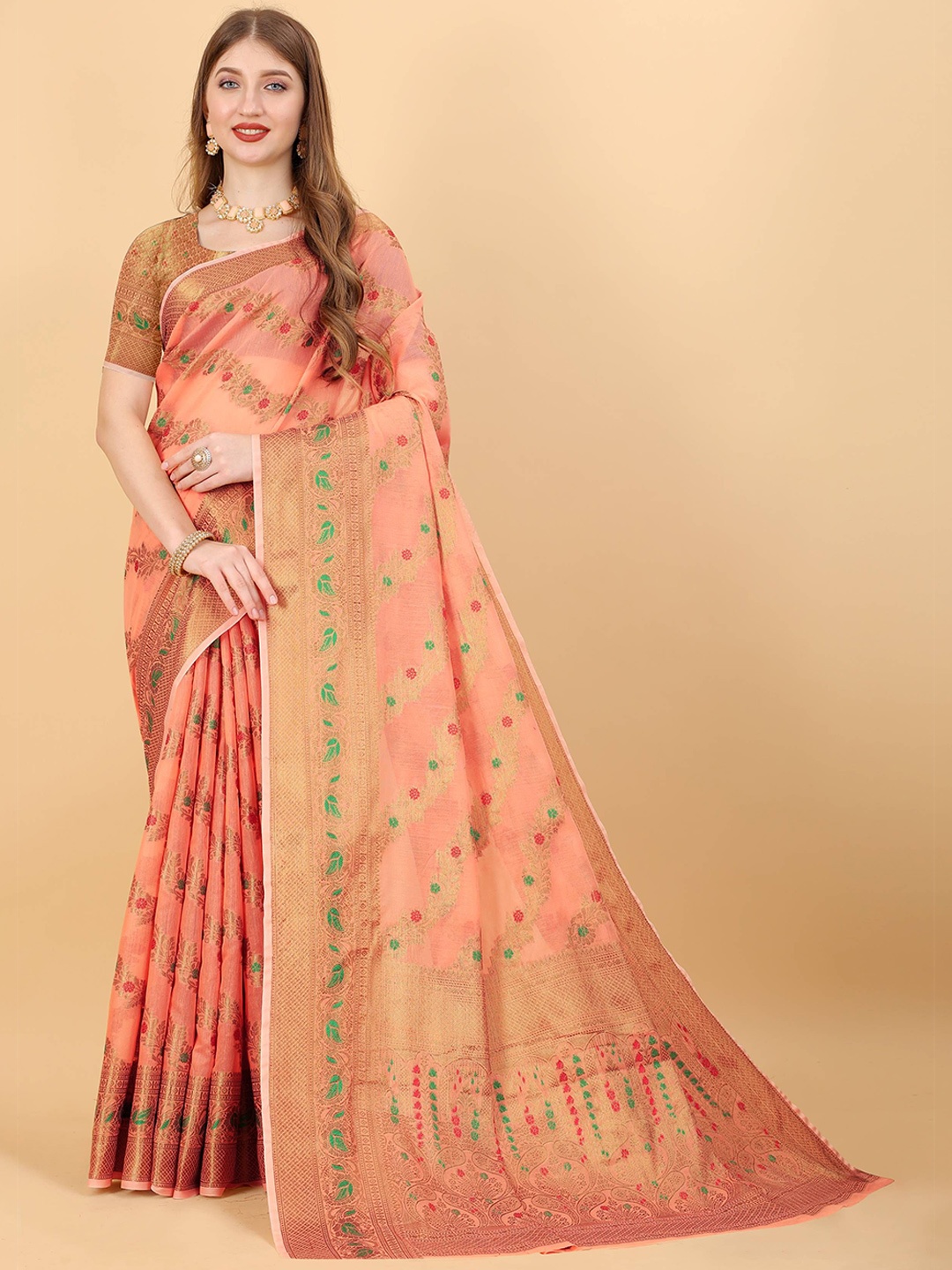 

Zeekha Kalamkari Zari Pure Silk Kanjeevaram Saree, Orange