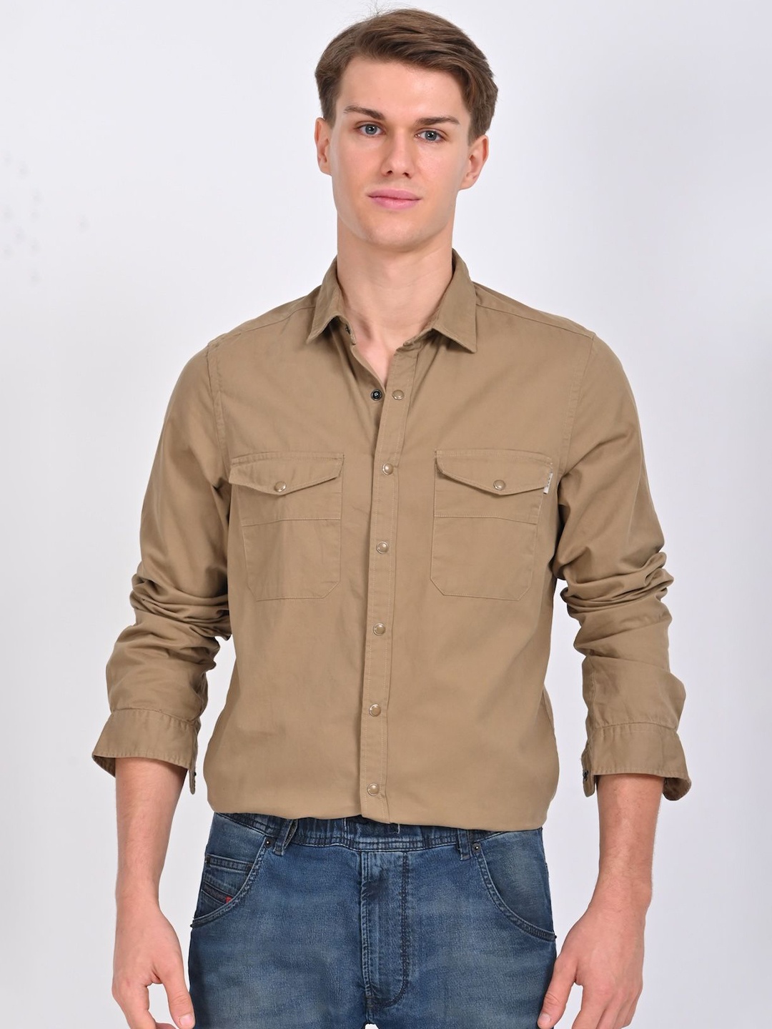 

POE Men Smart Slim Fit Opaque Casual Shirt, Khaki