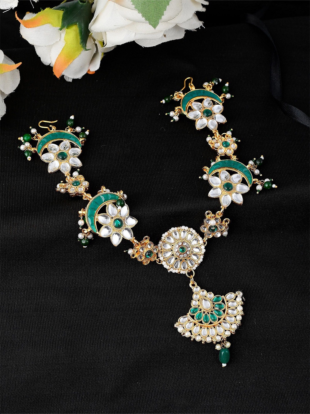

Silvermerc Designs Gold-Plated Pearls Studded Matha Patti Head Jewellery