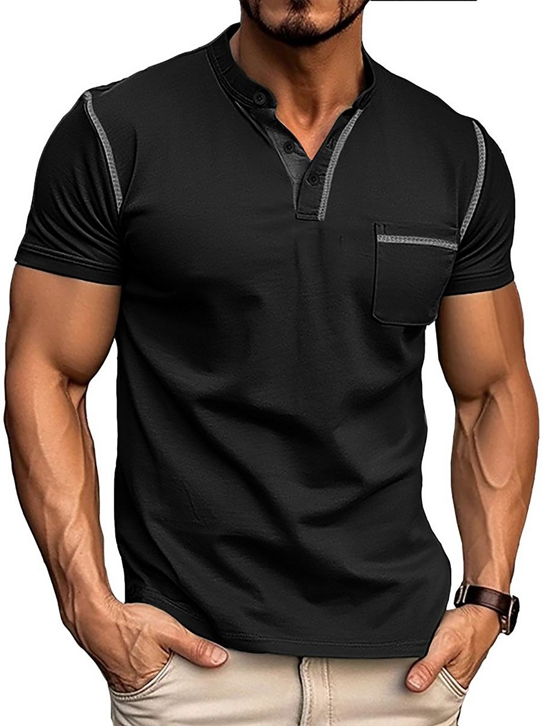 

StyleCast x Revolte Men Solid Henley Neck Cotton T-shirt, Black