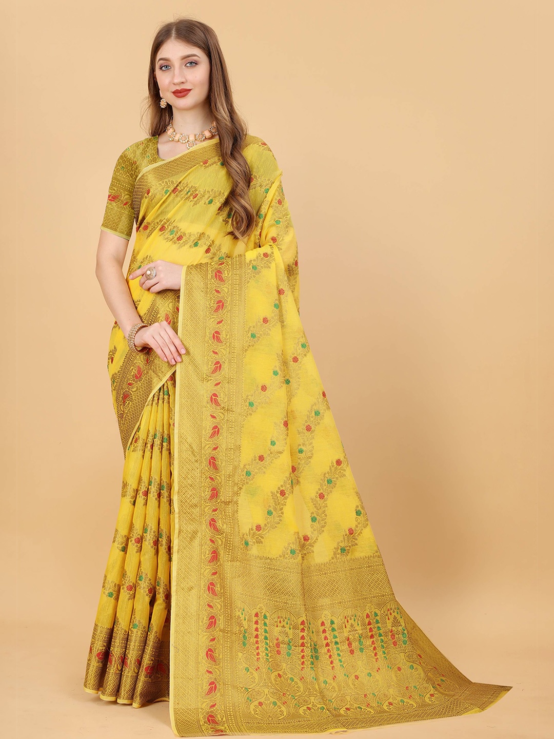 

Zeekha Woven Design Zari Pure Silk Kanjeevaram Saree, Yellow
