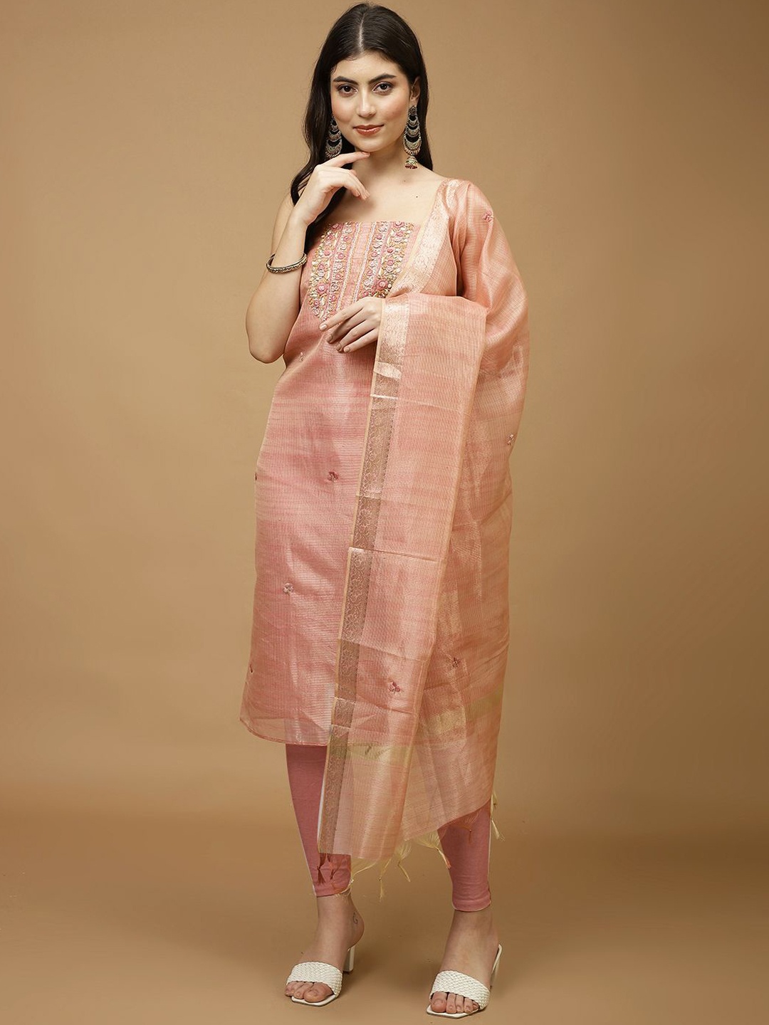 

Meena Bazaar Embroidered Art Silk Unstitched Dress Material, Peach