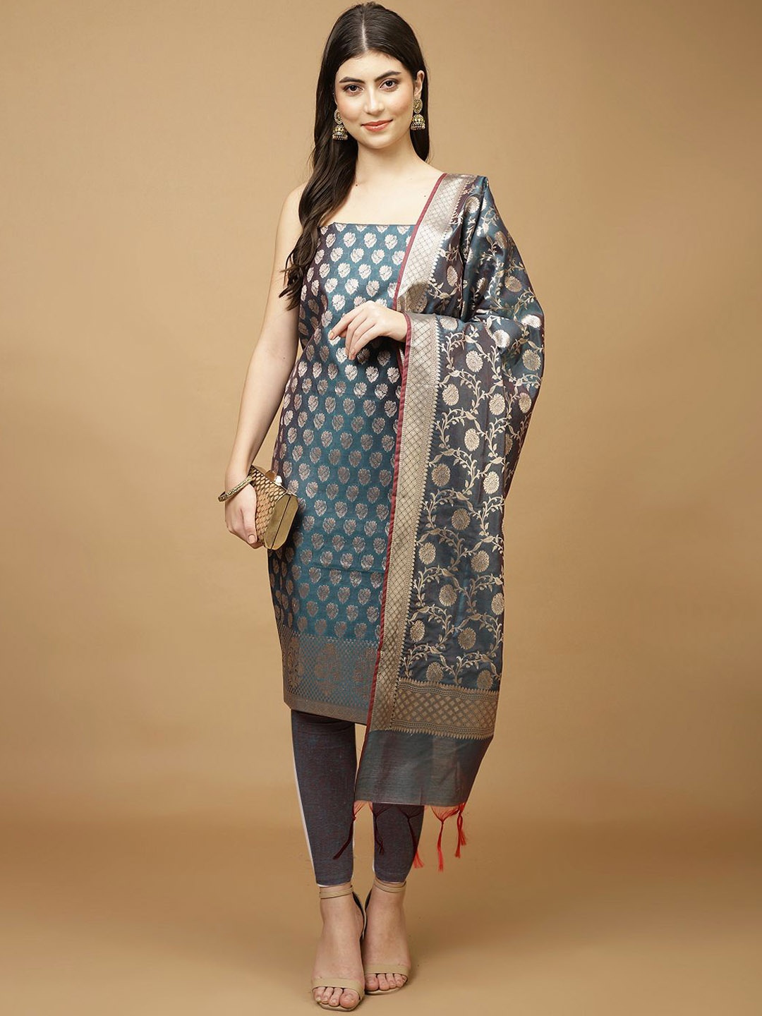 

Meena Bazaar Art Silk Unstitched Dress Material, Blue