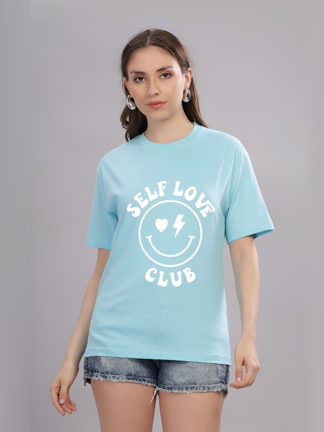 

FALTU.CO Women Printed Drop-Shoulder Sleeves Pure Cotton T-shirt, Blue