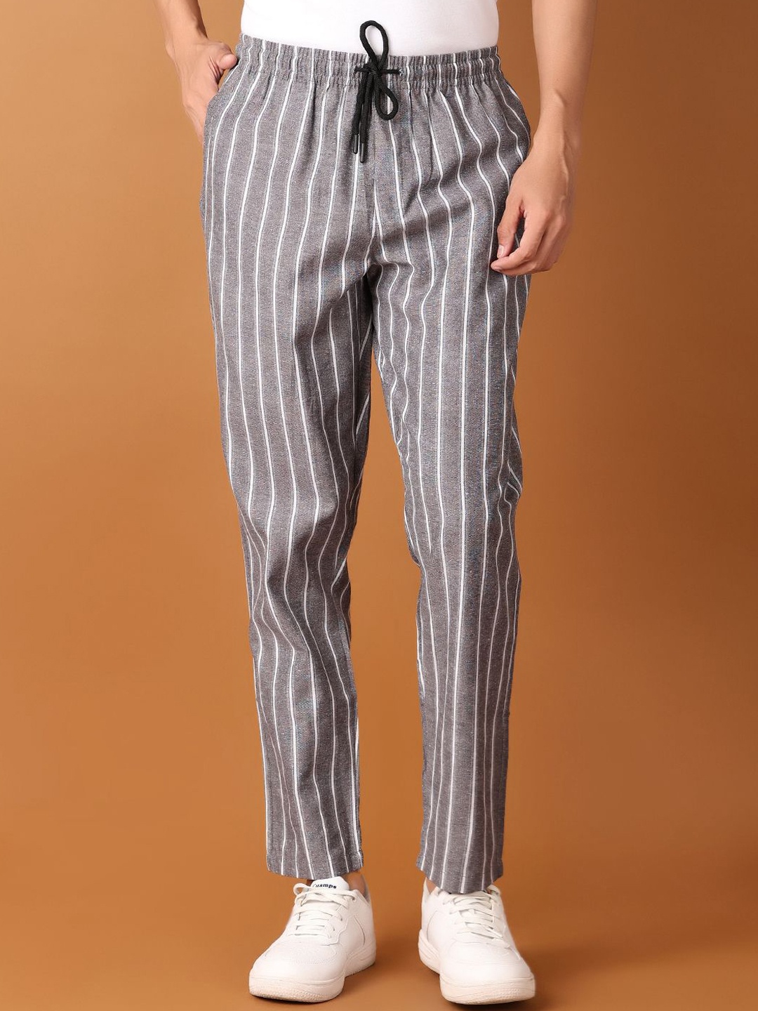 

V-Mart Men Striped Mid-Rise Cotton Trousers, Grey