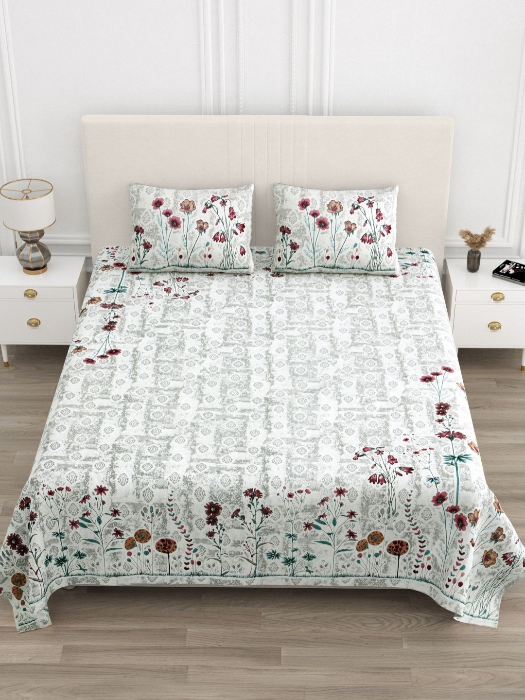 

DOLLIFI Green & White Floral Printed Cotton 300 TC King Bedsheet with 2 Pillow Covers
