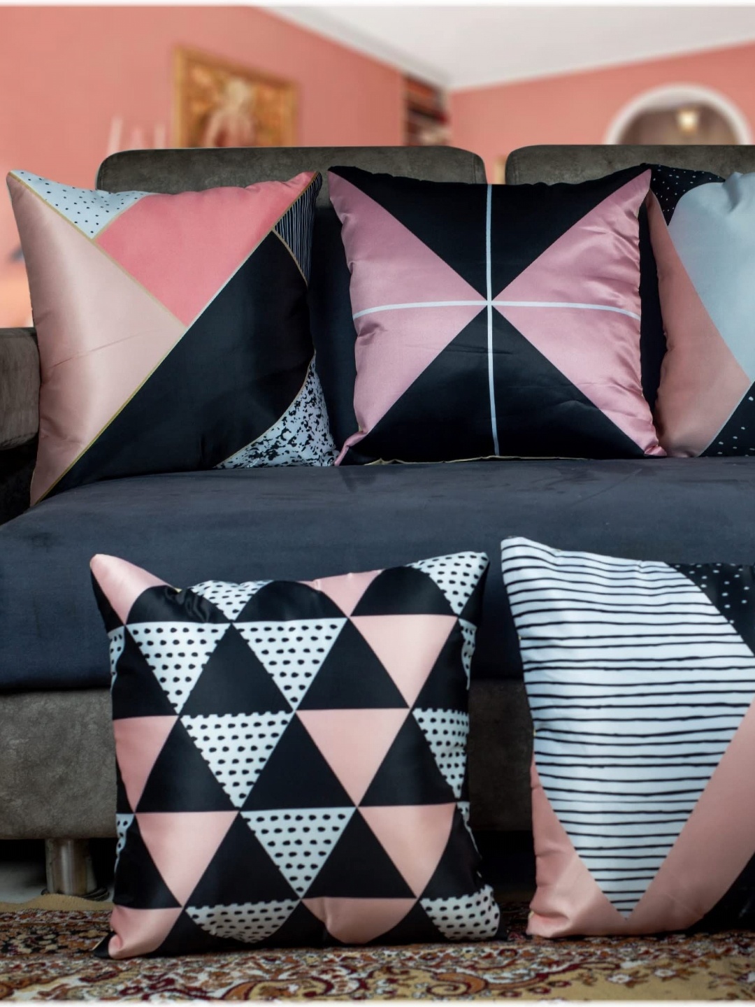 

Vendola Black & Pink 5 Pieces Geometric Satin Square Cushion Covers