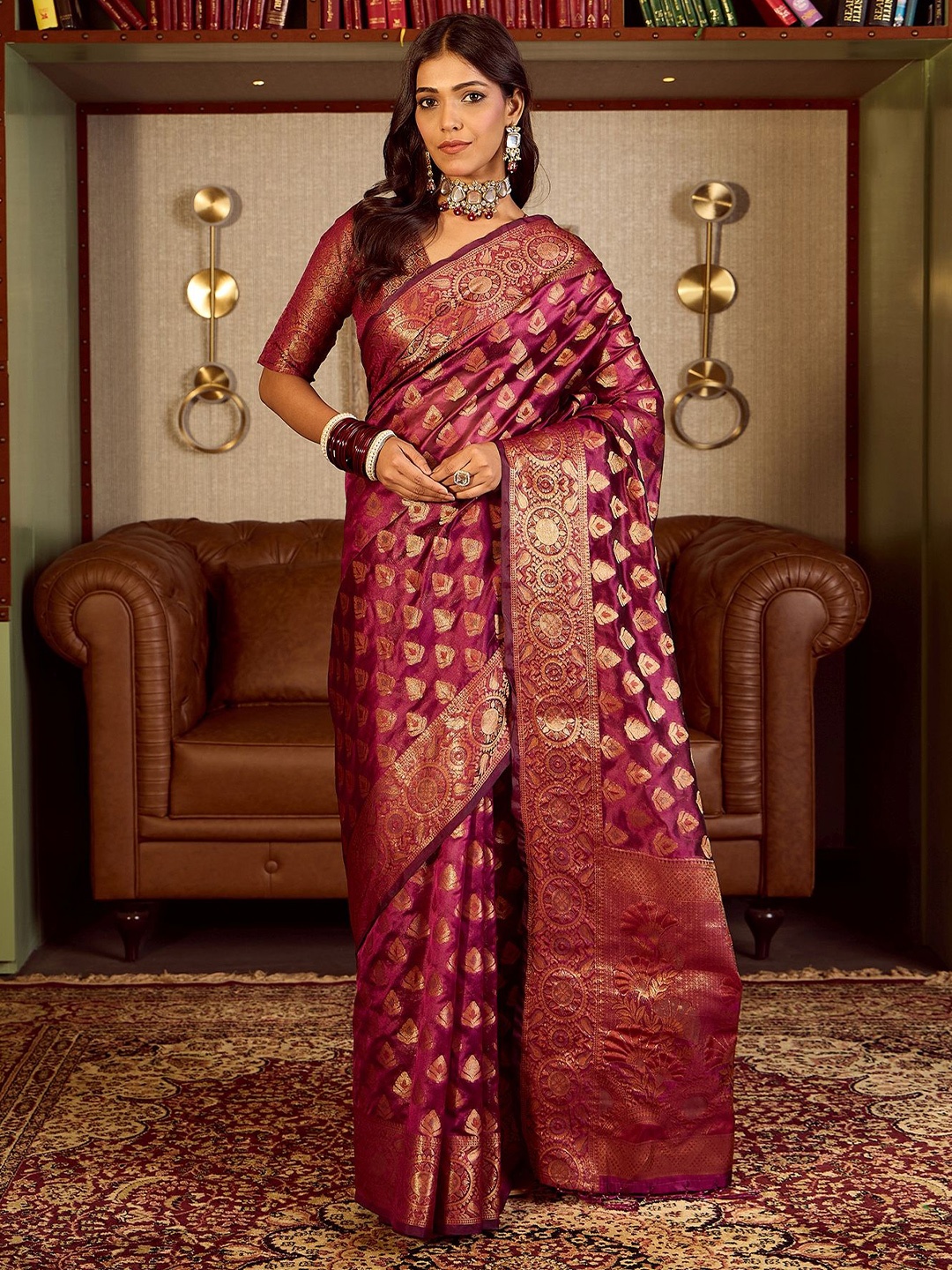 

Sangria Woven Design Banarasi Saree With Blouse Piece, Purple