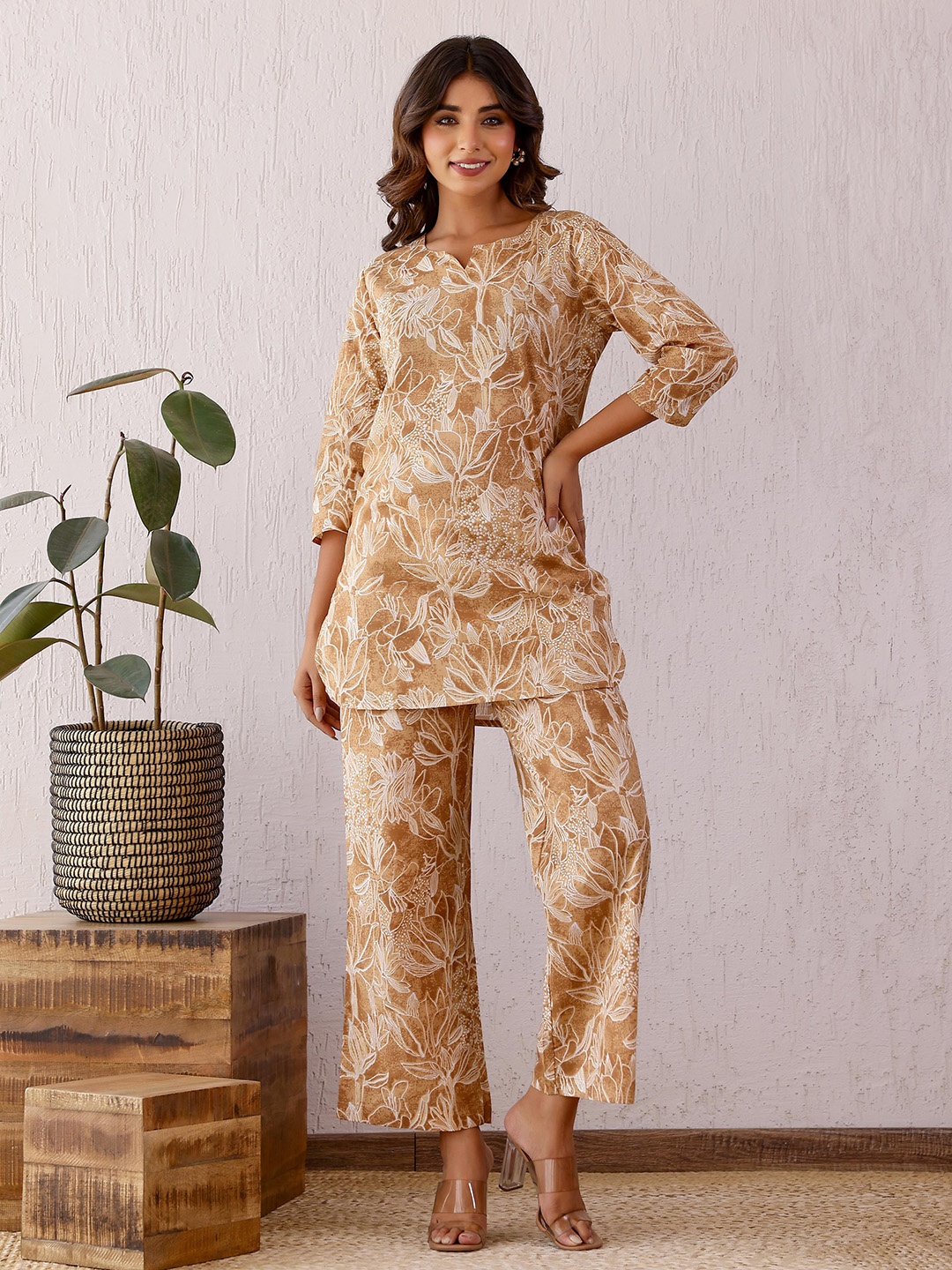 

FLAVIA CREATION Printed Pure Cotton Tunic With Trousers, Brown