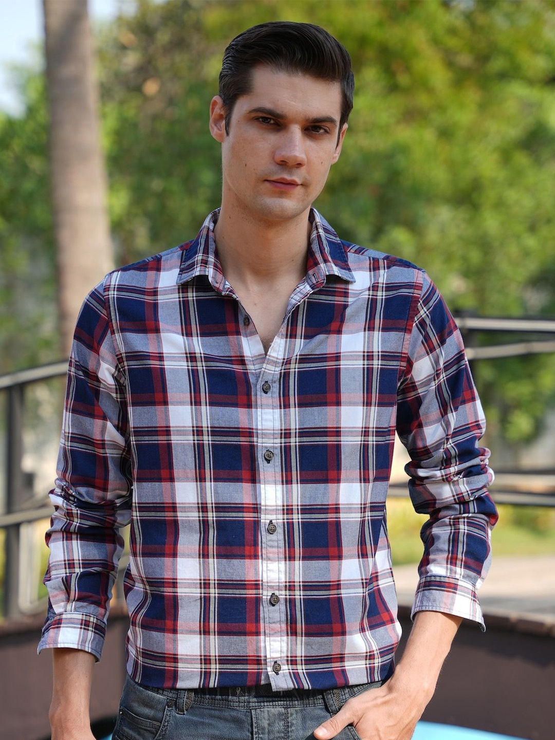 

POE Men Smart Slim Fit Tartan Checks Opaque Checked Casual Shirt, Red