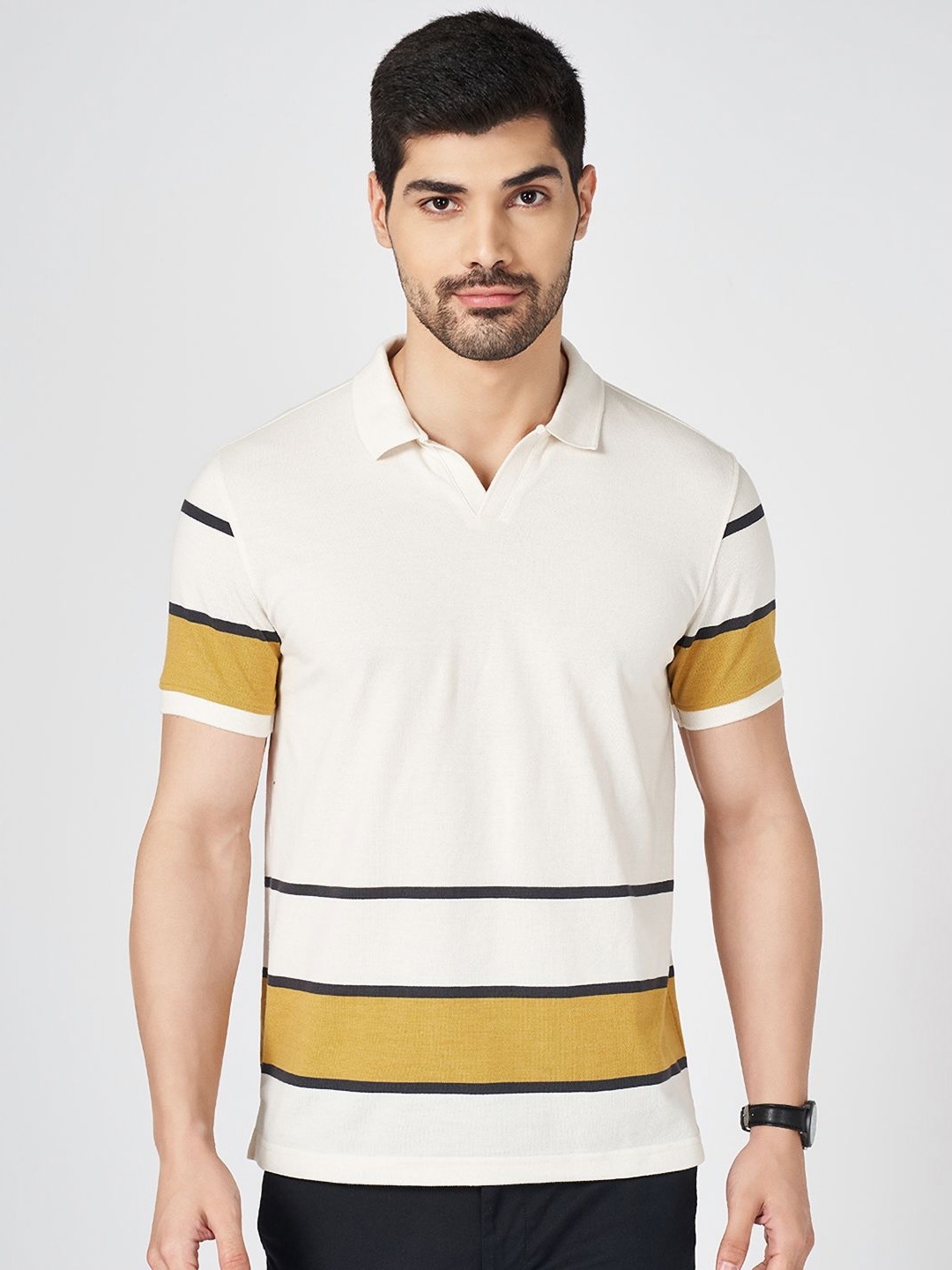 

BYFORD by Pantaloons Men Colourblocked Polo Collar Cotton Slim Fit T-shirt, Yellow