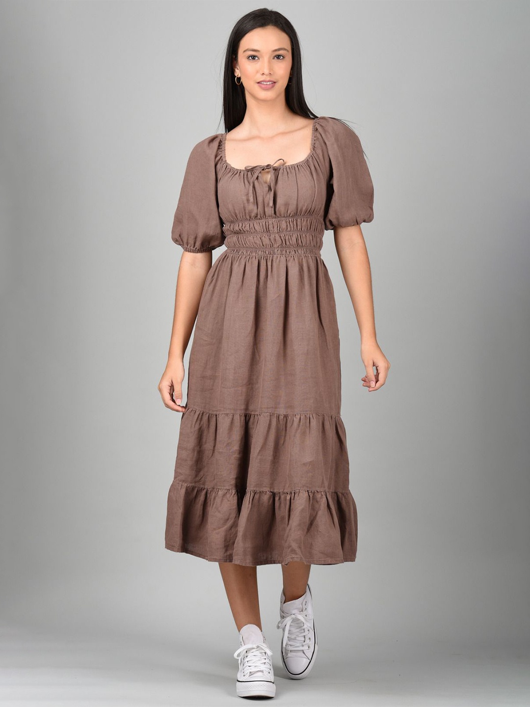 

Linen Options Puff Sleeve Linen A-Line Midi Dress, Brown