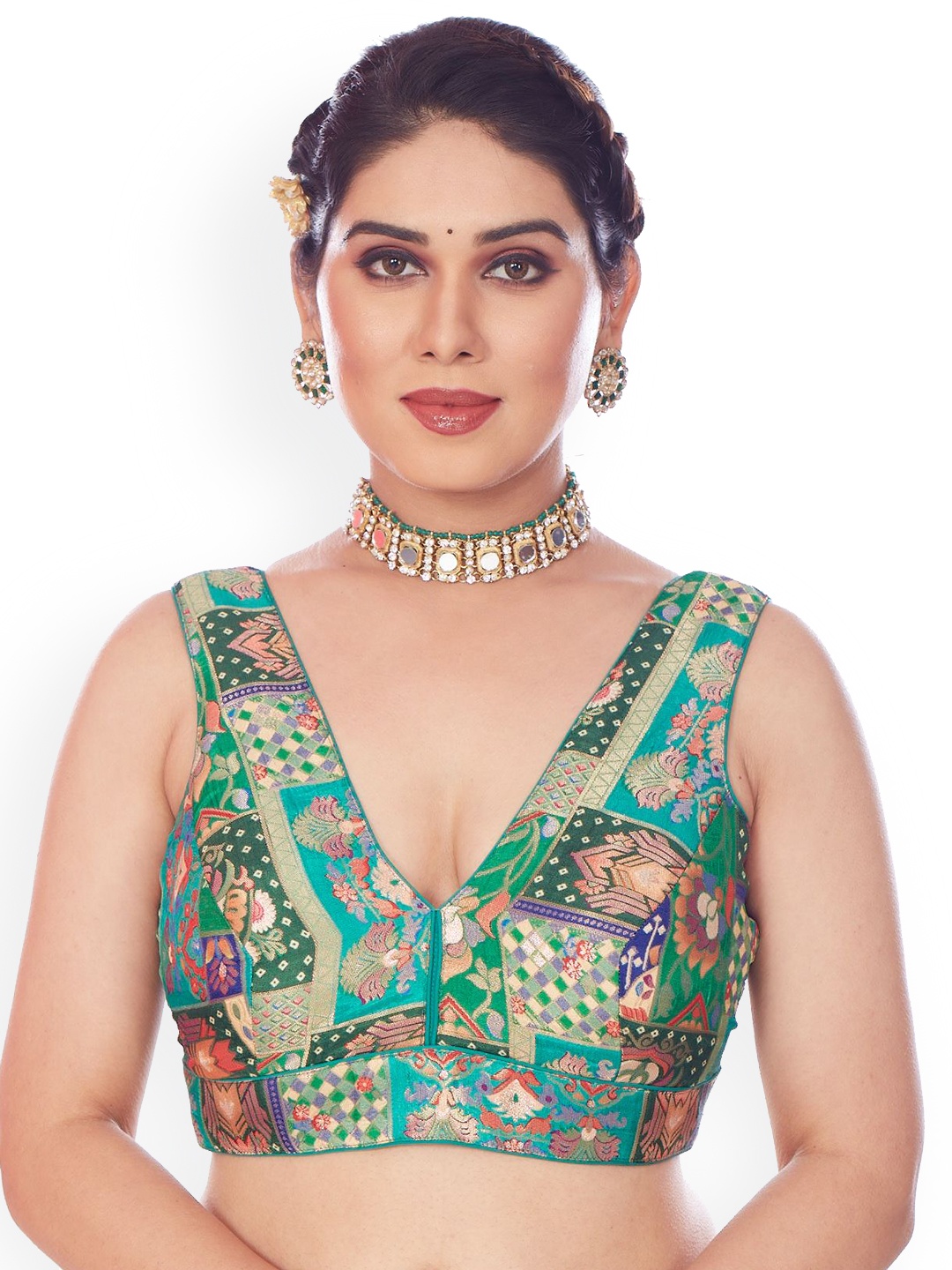 

Mmore Printed V Neck Saree Blouse, Green