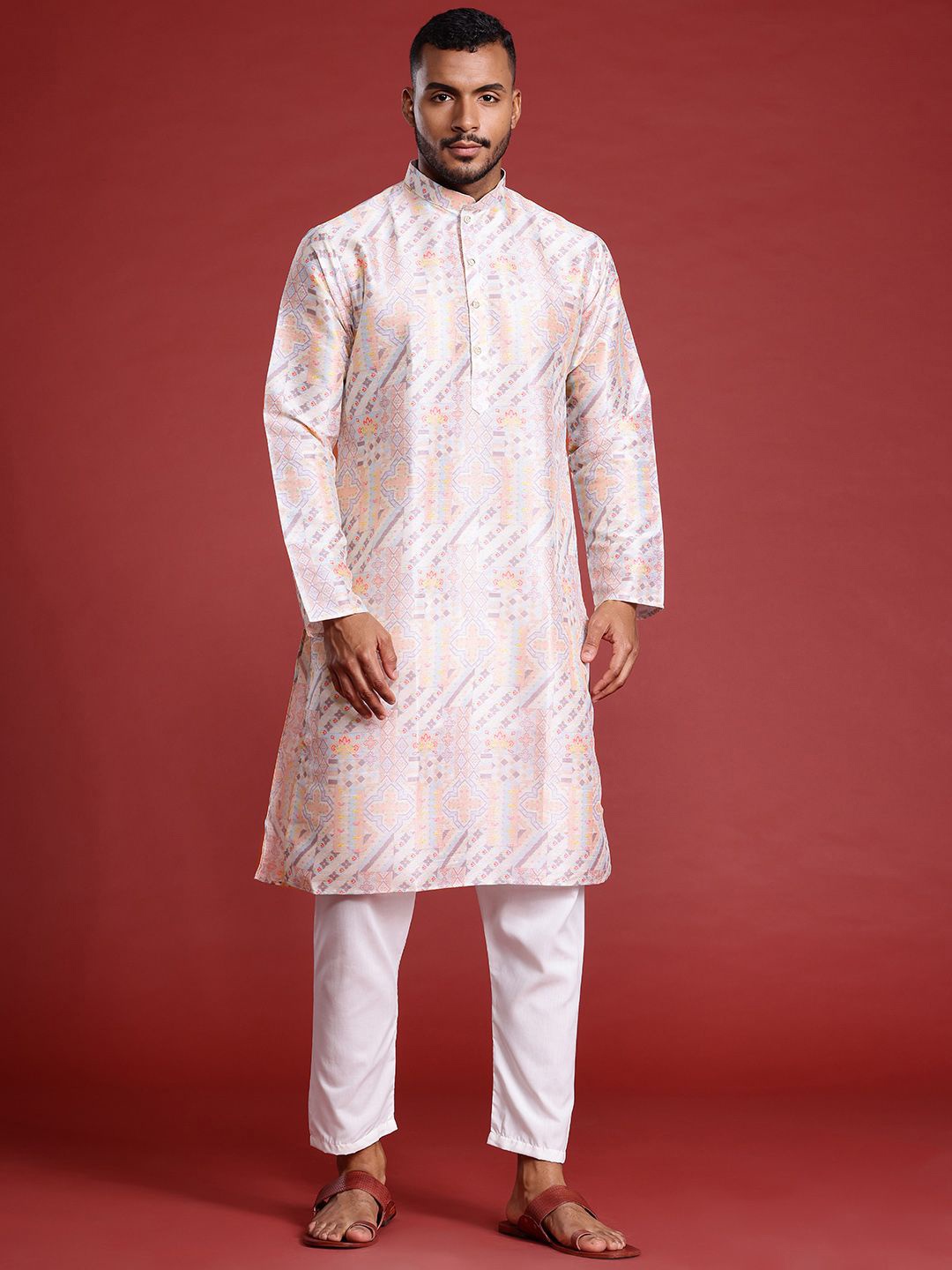 

MANQ Geometric Printed Mandarin Collar Pure Cotton Straight Kurta, Pink
